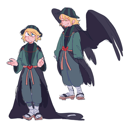 Two drawings of Phil. In both, he wears the same outfit as his skin, but one has him depicted with massive black crow wings. The other interprets the wings as a cape that trails on the ground behind him.